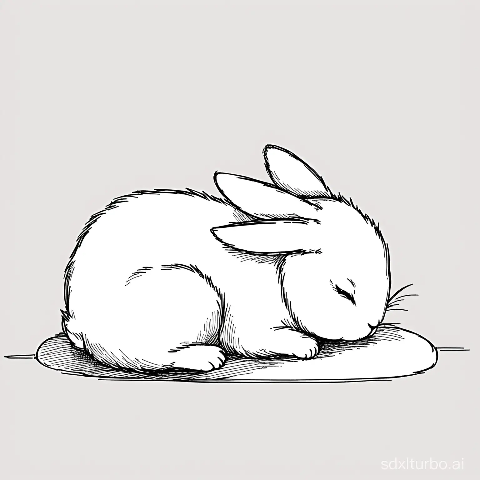 Black and white sketch line drawing, sleeping cartoon rabbit