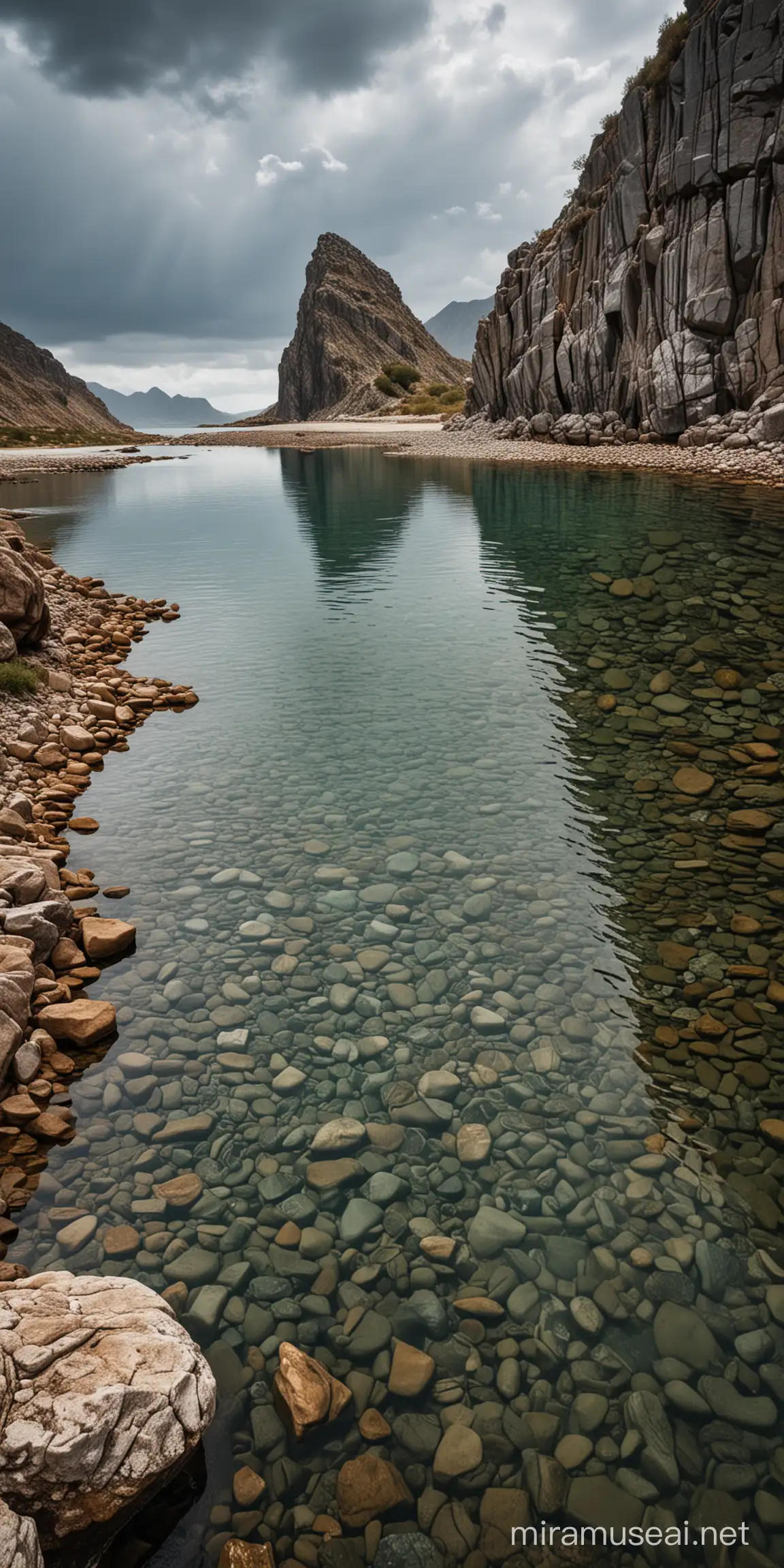 A landscape image in which there is both solidity and life, rock and water