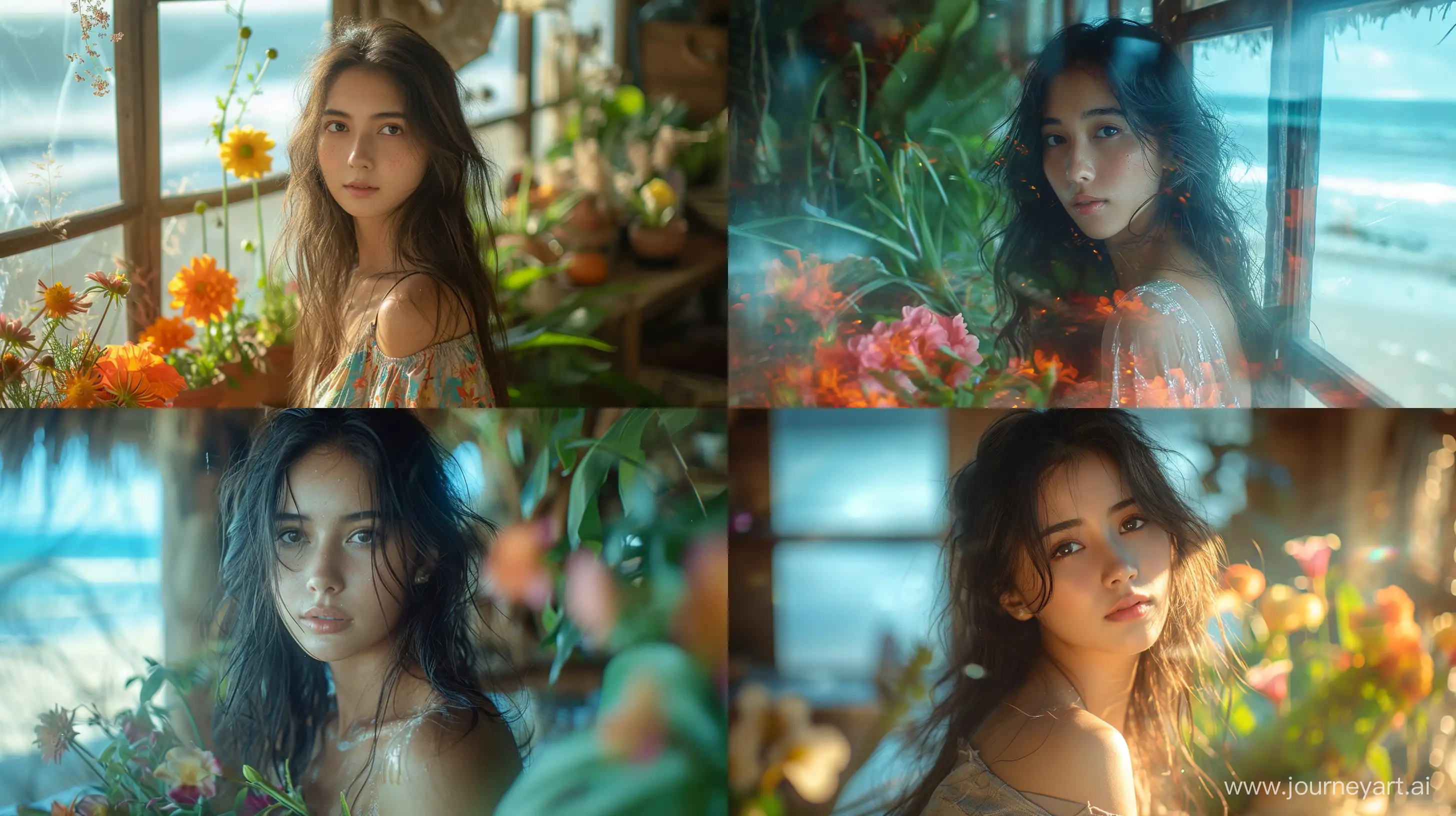 Georgeous Indonesian girl in a cozy beach house with flowers and plants.diagonal motion blur ,long exposure trails, shot on Fujifilm Superia,realistic --ar 16:9 --s 800 --v 6.0 --style raw