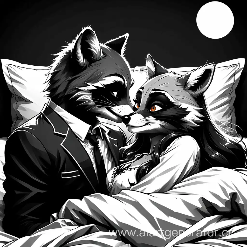 Black-and-White-Raccoon-and-Fox-Avatars-Sharing-a-Passionate-Kiss-on-Bed