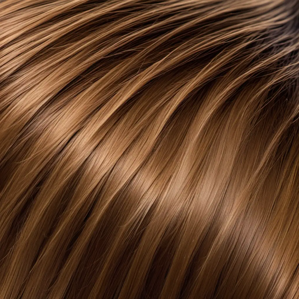 picture of only hair. a little bit of wave in the structure of hair,  colour gold middle brown hair. Caramel nuance With little to no colour difference, no light shine on the hair. No light reflections.


