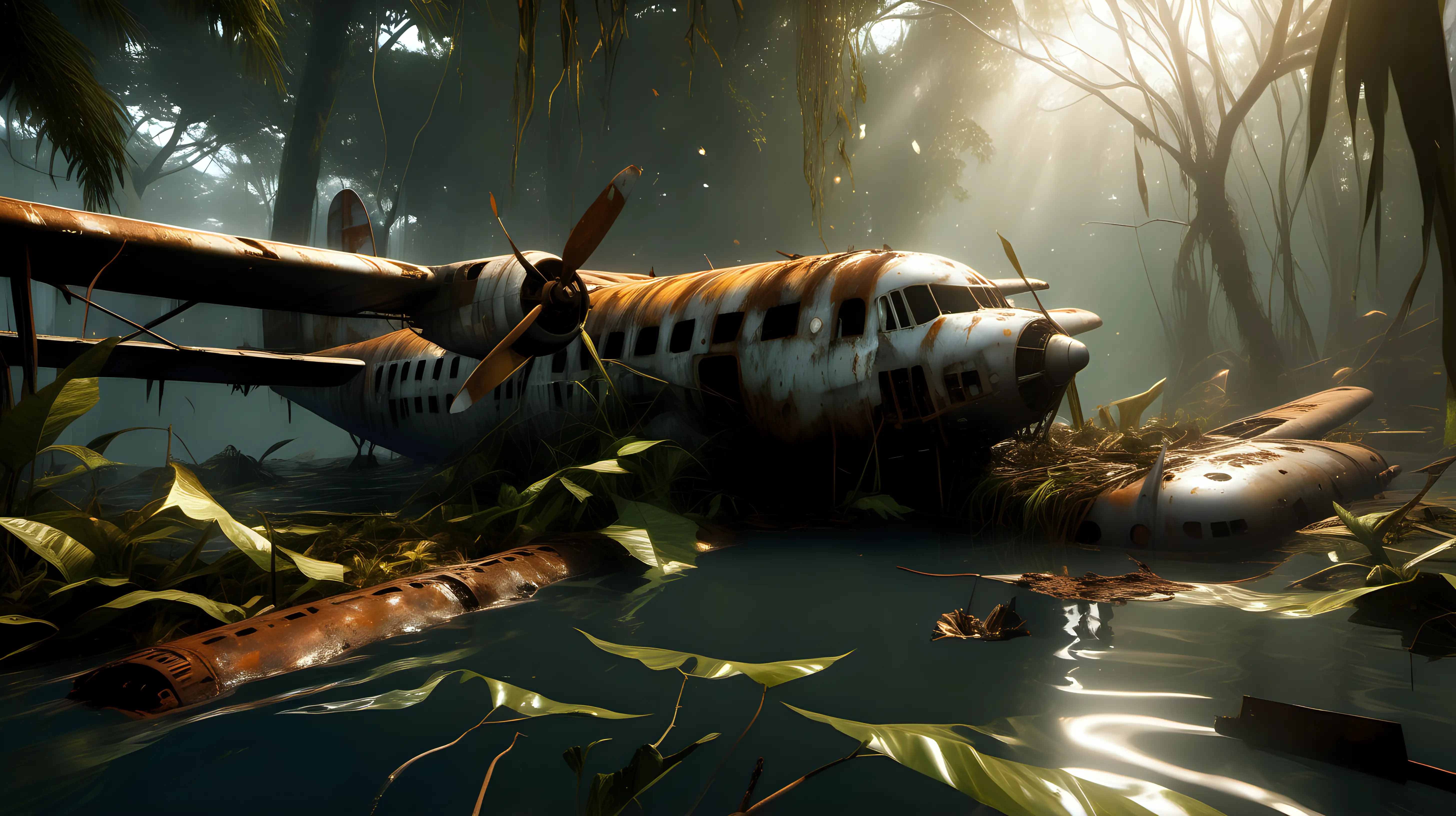 LEFT VIEW, RUSTY, JUNGLE, CLOSE UP, CRASHED PLANE, PLANE SUBMERGE IN MURKY WATER, REALISTIC TREES, GOLDEN SUNLIGHT