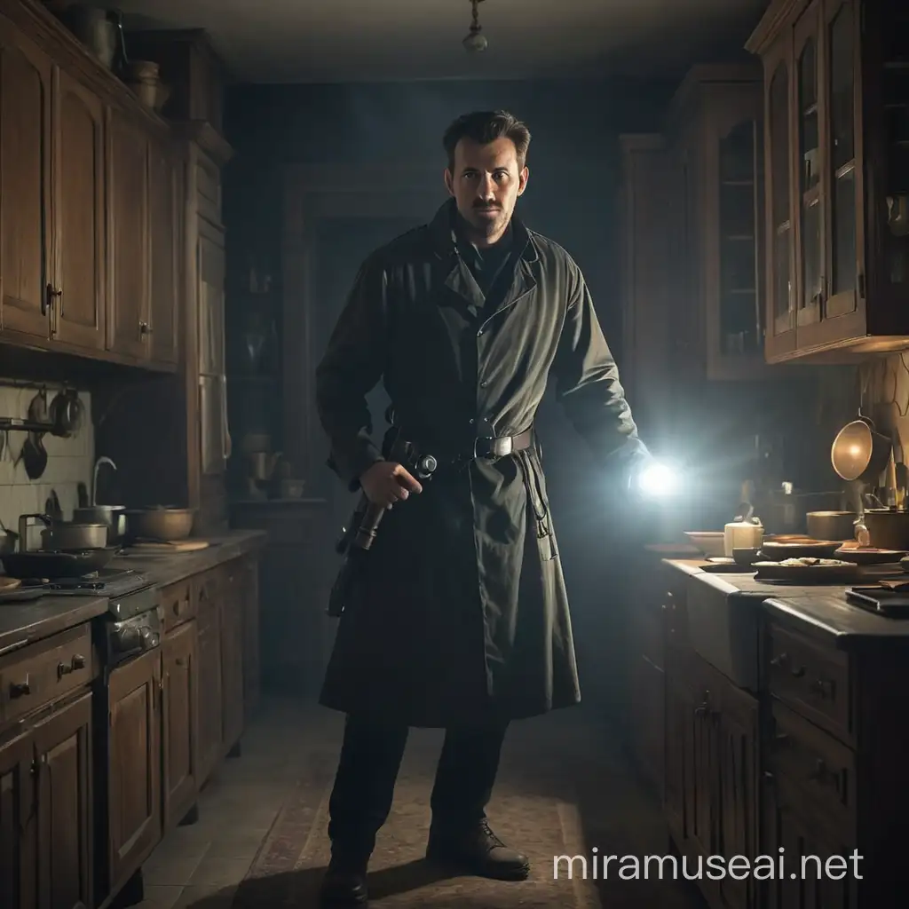 Ghost Hunter with Flashlight in 19th Century Kitchen