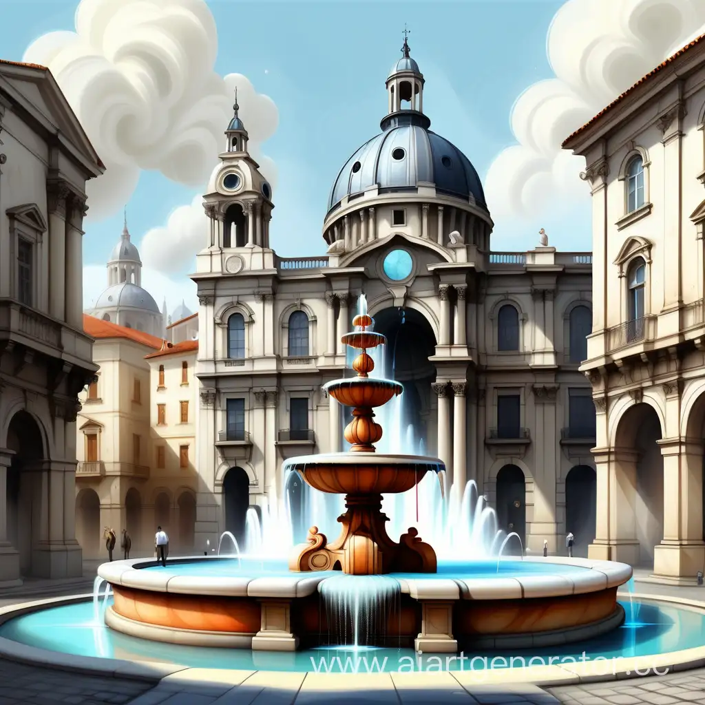 
the square of the old European city, in the background an antique building with domes and three floors of white marble, in the center of the painting is a large fountain with sparkling water, digital painting, another world