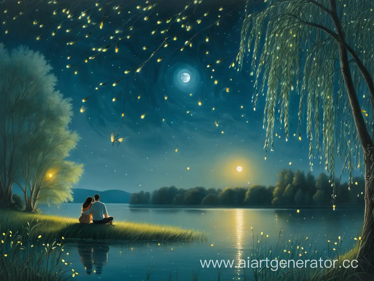 озеро, лунная ночь, светлячки, пара сидящая на берегу, обнимаются, ива