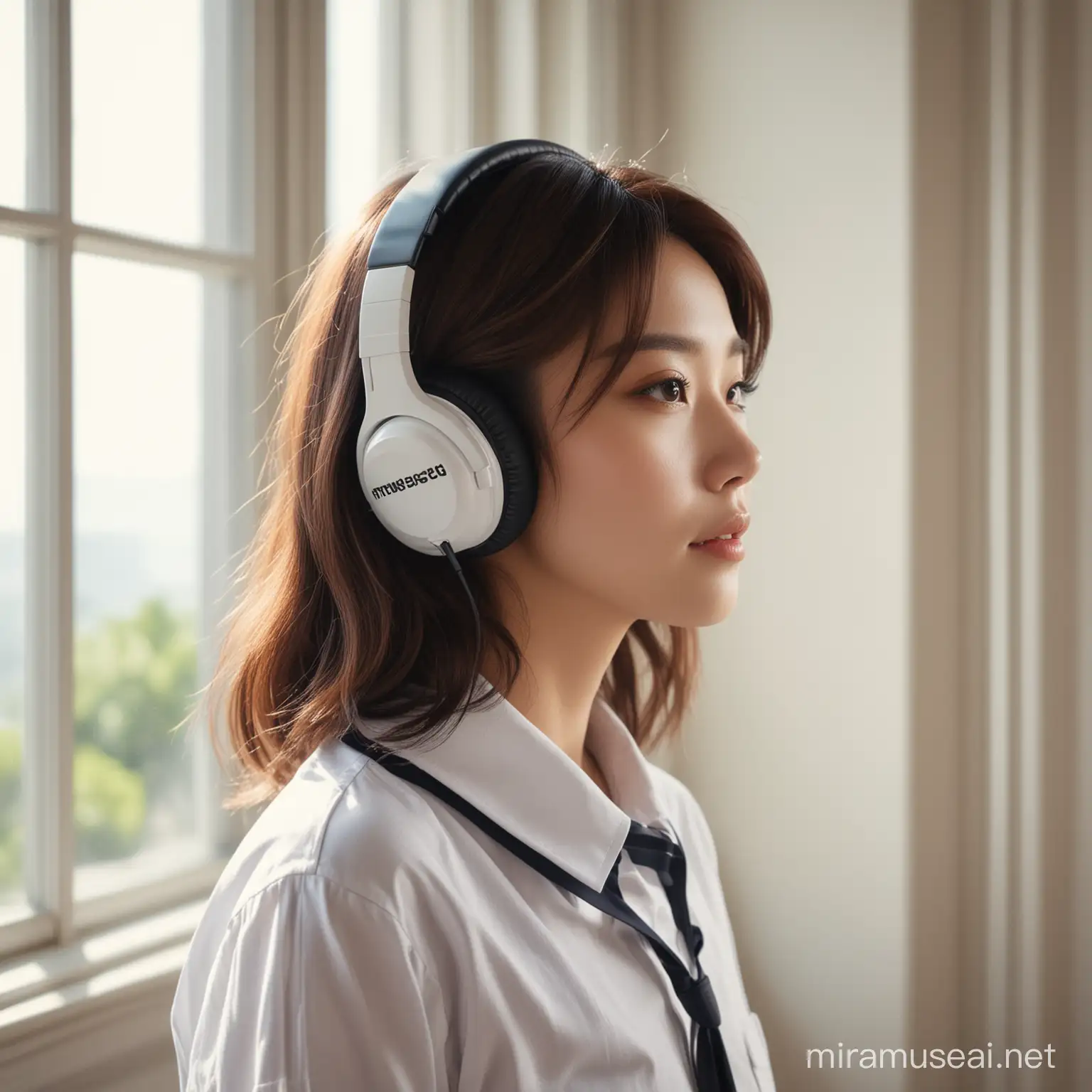 Photorealistic illustration of a contemplative k-pop girl with a monster beat headset, bathed in natural sunlight in a large room, looking out of a window, peaceful and dreamy expression, high quality, photorealism, K-pop style, vintage, contemplative mood, peaceful atmosphere, natural lighting, large room, detailed facial expression, vintage headset, bright sunshine, serene, happy, thoughtful gaze, ,wear salior school uniform