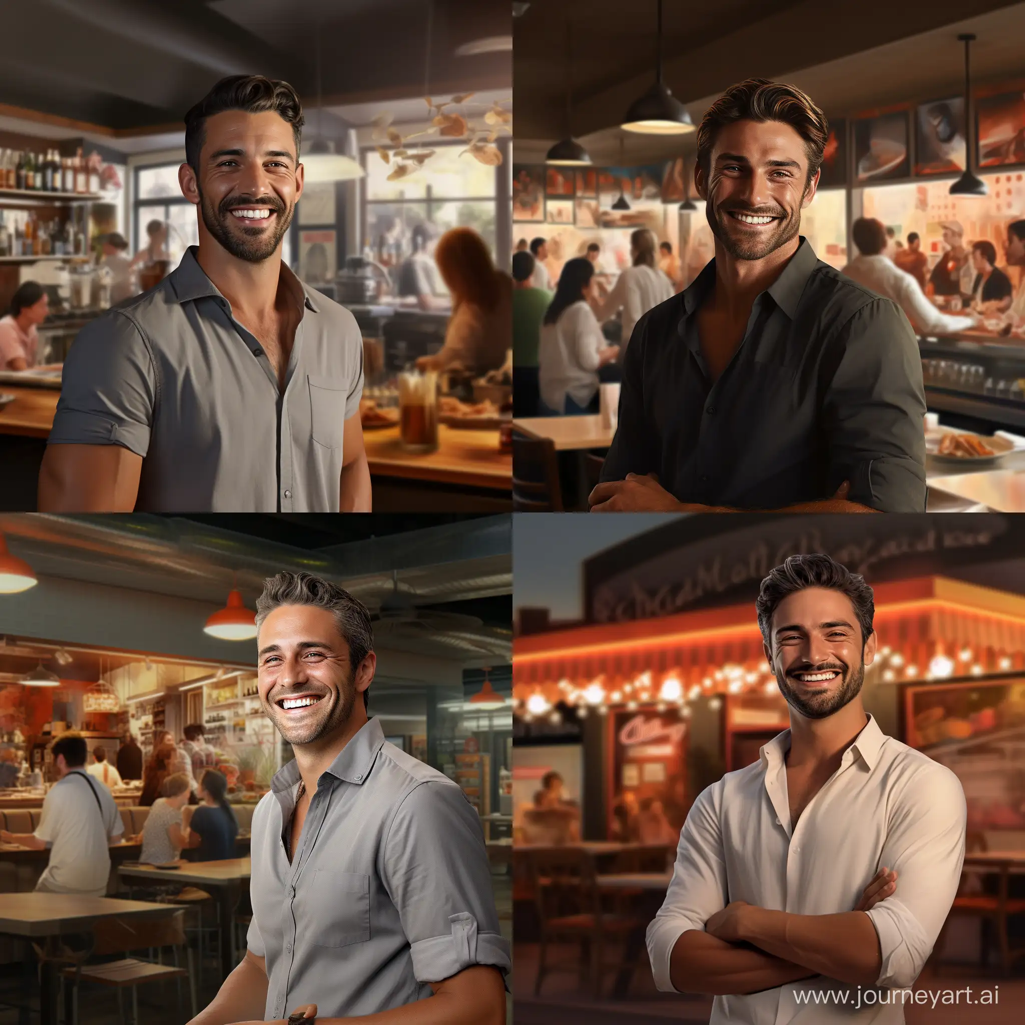 photorealistic image of a male restaurant owner smiling, with the restaurant shown in the background