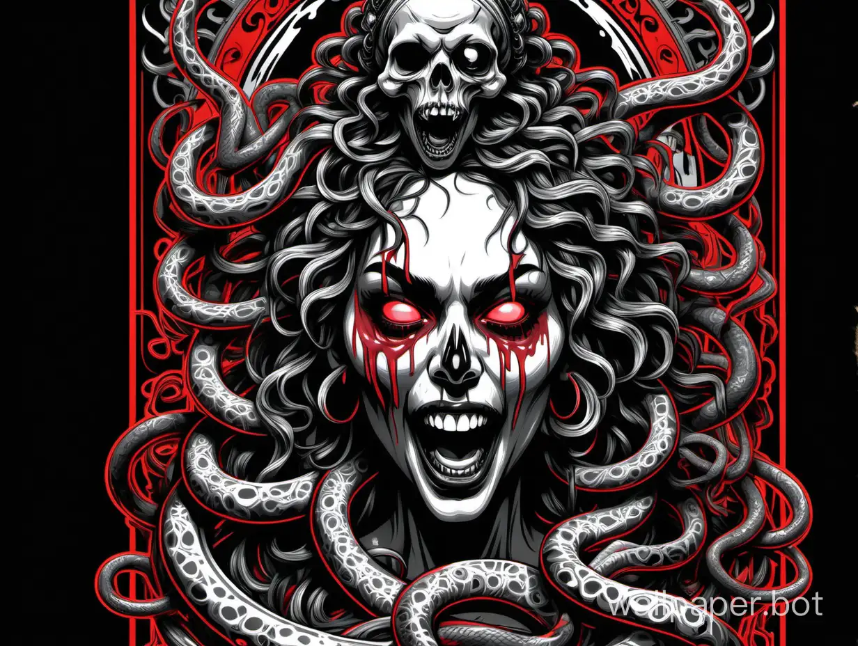 skull young medusa odalisque, skull face,  front head ,laugh crazy face, open mouth with tongue, chaos ornamental, neon snakes, darkness, assimetrical, chinese poster, torn poster edge, alphonse mucha hiperdetailed, highcontrast, black white gray neon red, dripping colors, explosive colors, sticker art