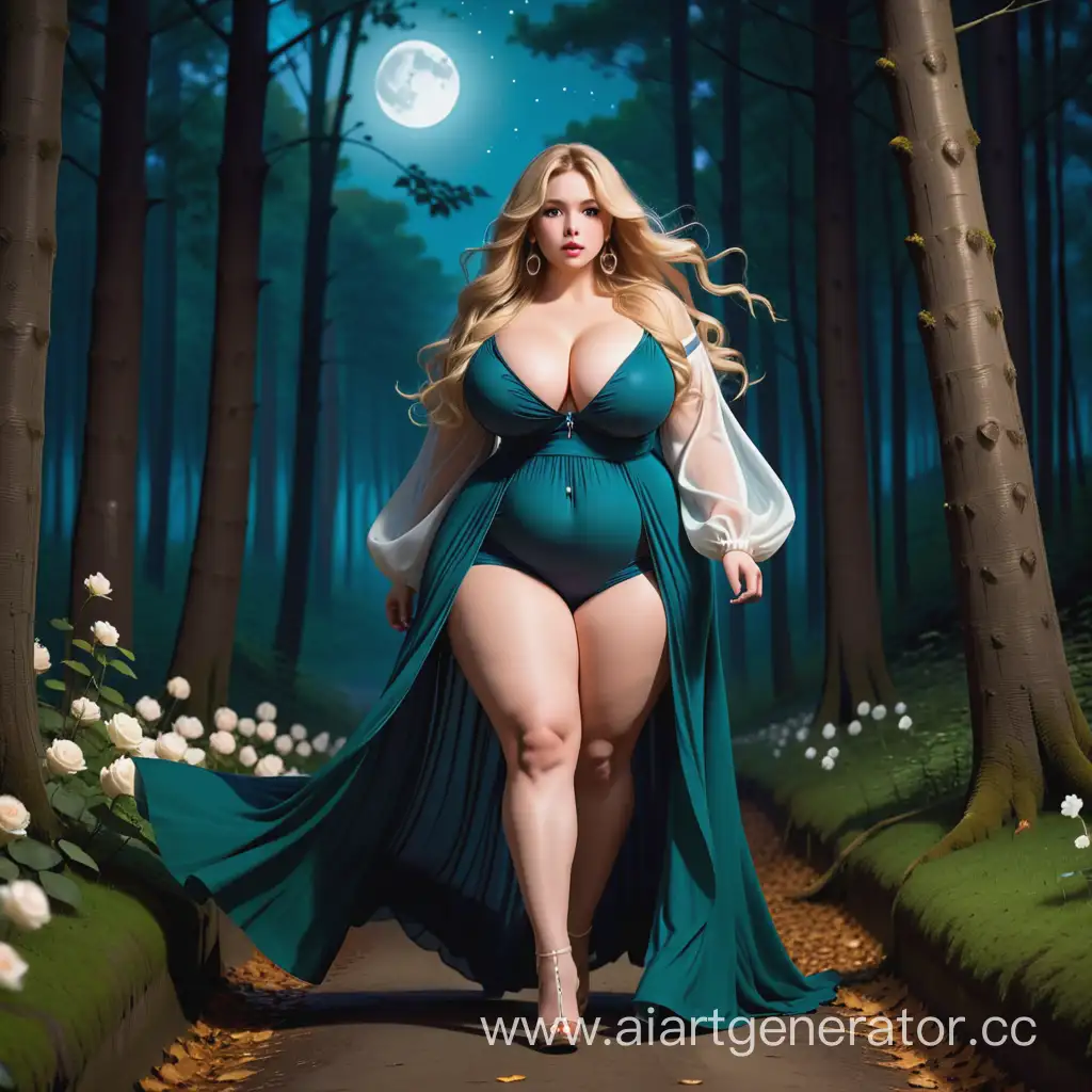 woman, ver huge breast, very huge cleavage, very long hair, very huge wide thighs, blonde hair, very huge chest, deep forest, very huge thighs, very huge long wide legs, very huge wide hips, walking, high heels shoes, very long loose layered sleeves, side flower dress, huge earrings, very long nails, moonlight, tights, side view, fat legs