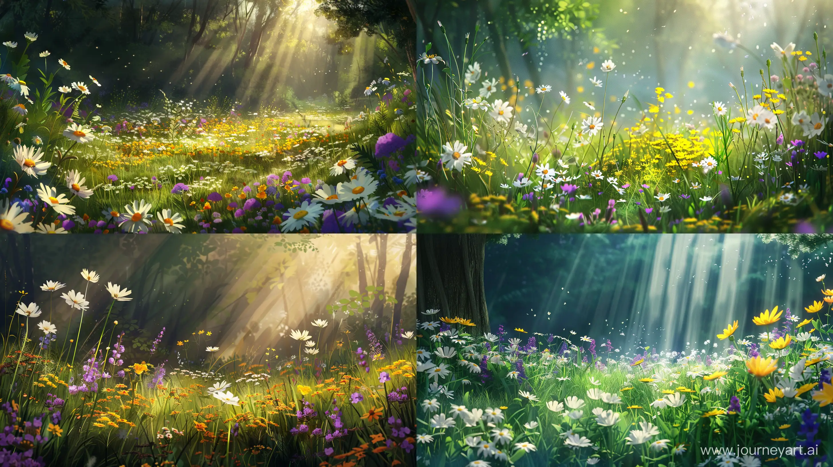 a beautiful meadow with meadow flowers, the clearing is flooded with the sun, only white, yellow and purple flowers grow in the clearing, the aura of summer and the beauty of nature, 2d illustration, artstation illustration --ar 16:9