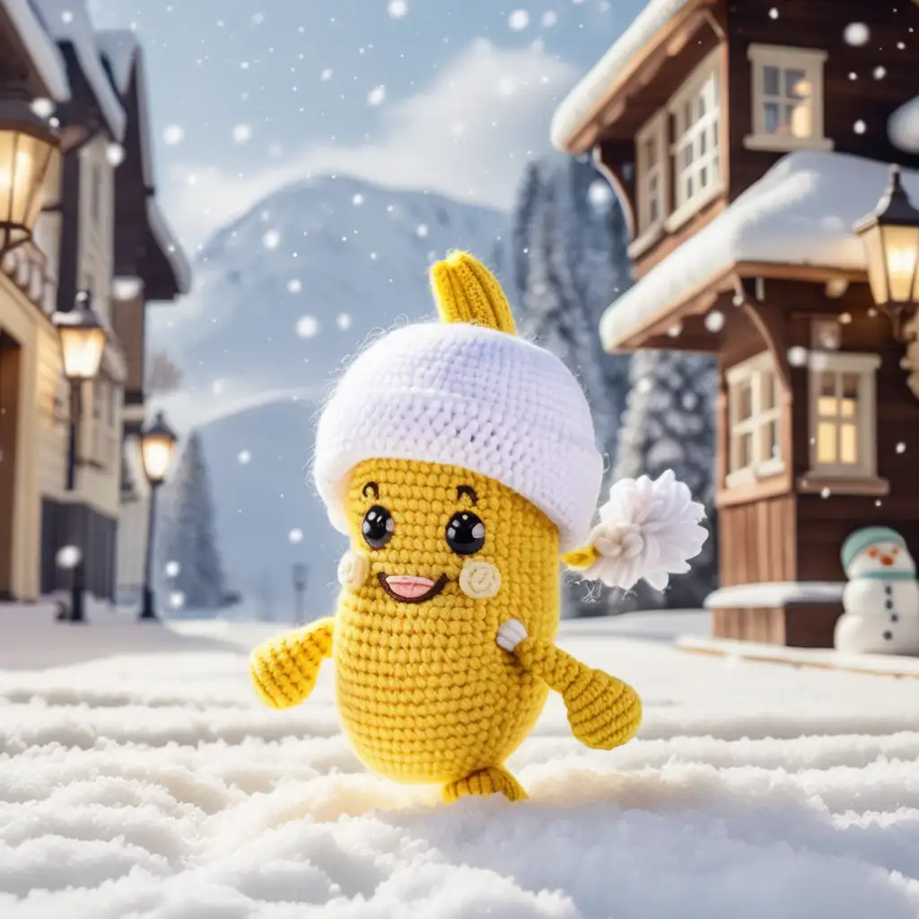 Adorable Crochet Banana Running in Winter Snowfall Scene