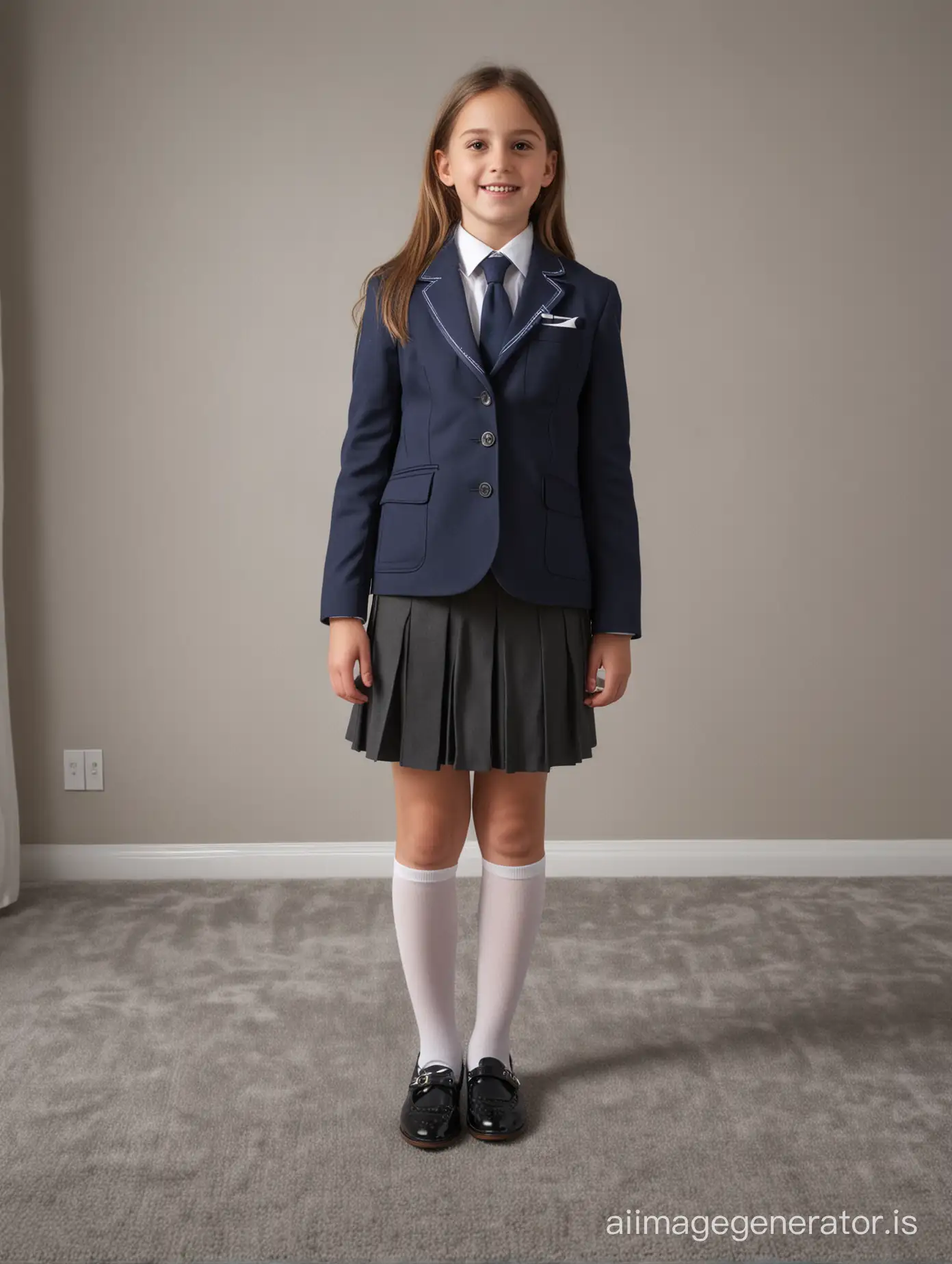 (Image of father and daughter standing on grey carpet in bedroom). Father is wearing a suit. Daughter is wearing a school uniform, Daughter is 9 years old, Daughter is wearing a navy blue blazer, a very very short navy blue skirt, a tight white shirt, a dark blue tie, and black tights on her legs. Daughter is wearing low heel black shoes on her feet, their feet are visible, their faces are detailed, HQ photo, (((full body length))), camera is face on. Hyper realistic photo. 32K, UHD.