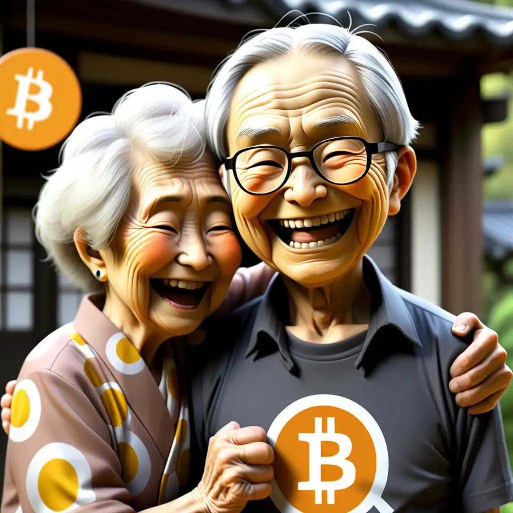 If Bitcoin was a Japanese man wearing a shirt with a #1 on it, and Japanese Grandma with smiley face shirt is hugging this Bitcoin Man