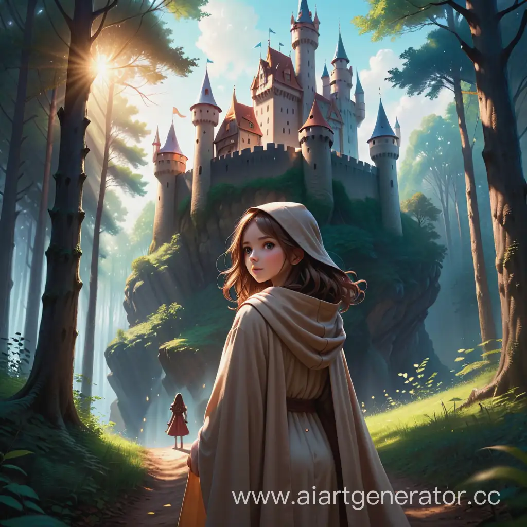 A castle in the distance in the middle of the forest. Ahead is a brown-haired girl in whose hands the light of magic shines. She is wearing a robe and a hood partially conceals her face