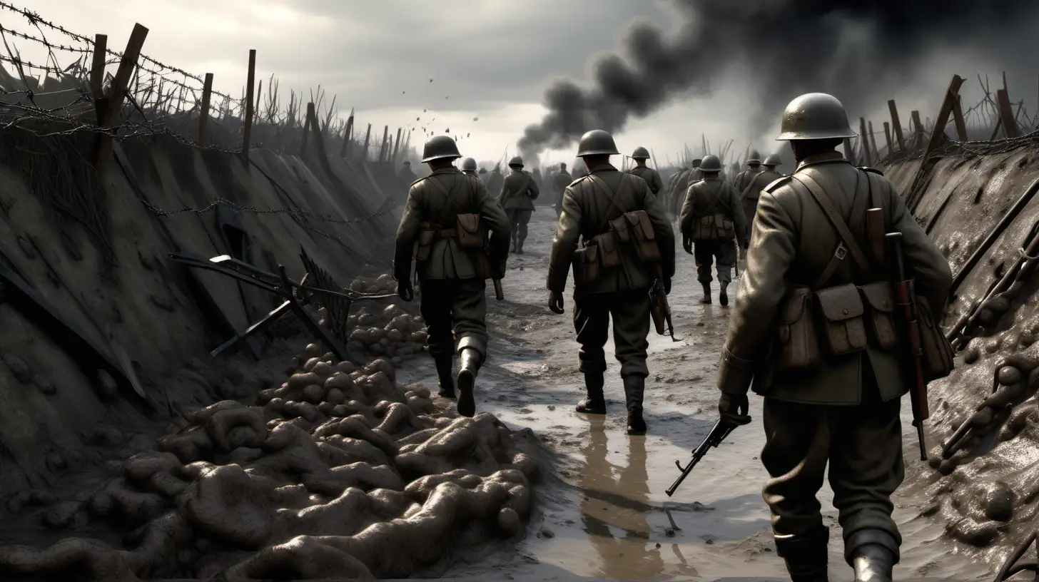 Generate a 8K hyperrealistic image depicting a scene from the Western Front during World War I in 1915, with Unreal Engine v5 rendering capturing the photorealistic details and atmosphere of the battlefield. Ensure the 3D rendering is highly detailed, showcasing the trenches, soldiers, and weaponry with precision. Utilize HDR lighting to enhance the dynamic range of colors and lighting effects, with hyper-detailed textures conveying the mud, barbed wire, and devastation of the frontline. Incorporate high-resolution elements of uniforms, equipment, and terrain features to immerse viewers in the realism of the era. The image should evoke a sense of the grim reality and sacrifice of war as it portrays a pivotal moment in history.