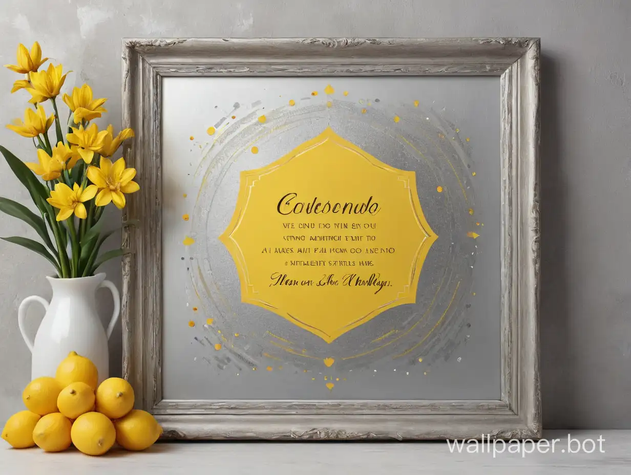 framed quote, yellow elements, graphics, silver background