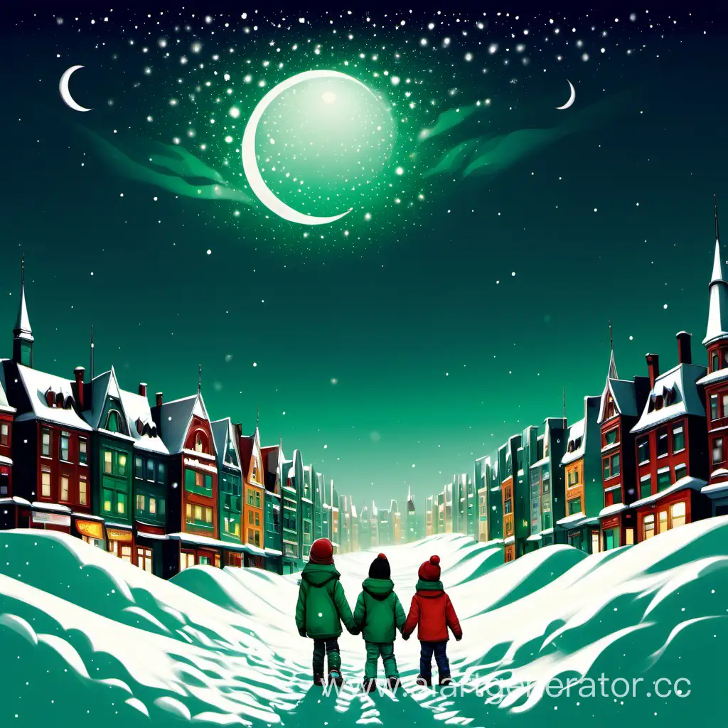 Snowdrift-Children-under-Crescent-Moon-in-Emerald-Sky-Over-Big-City
