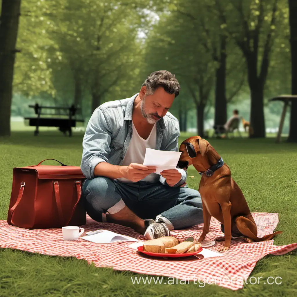 a man is stirring with his dog on a picnic and reading a love letter