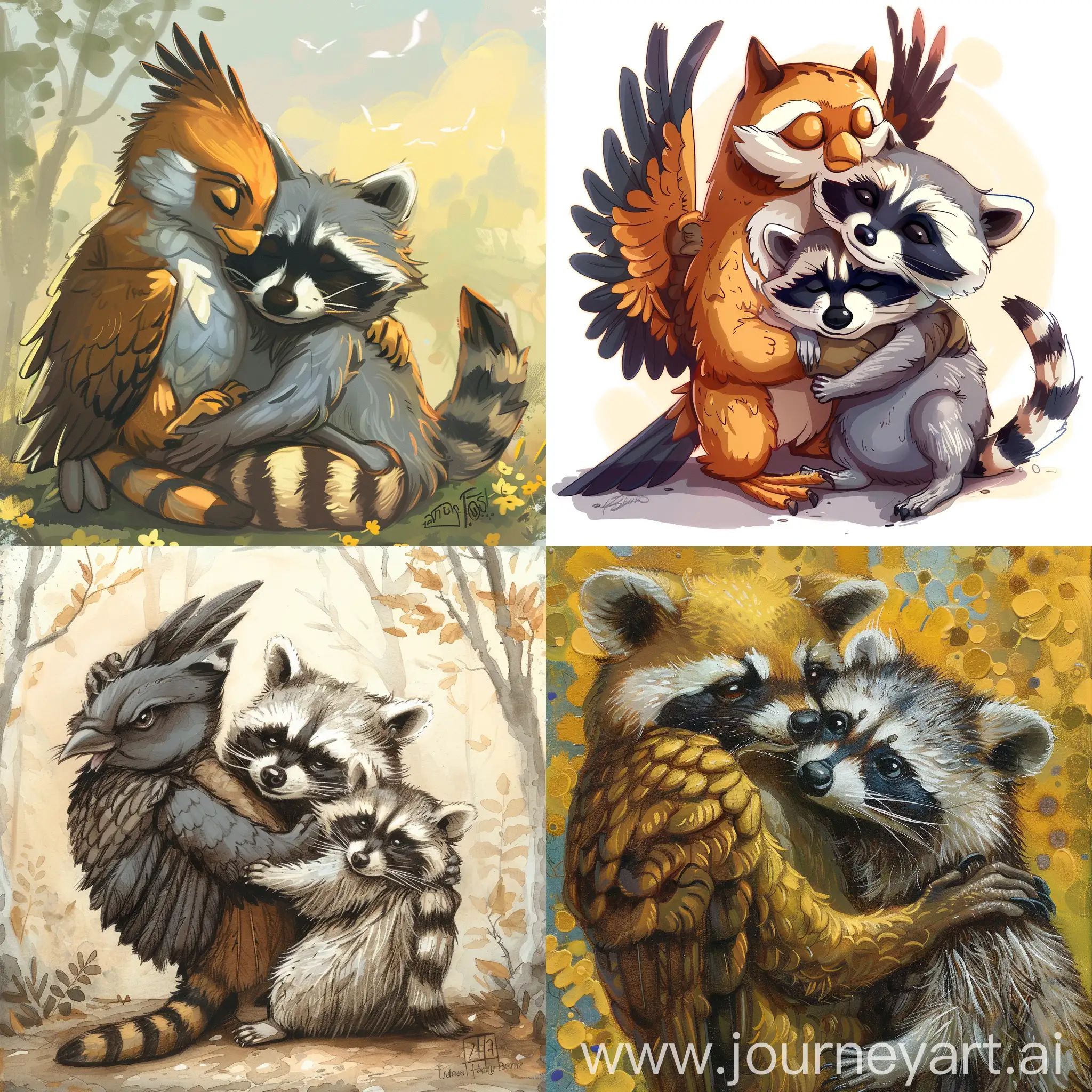 Adorable-Griffin-Bird-and-Raccoon-Embrace-in-Heartwarming-Hug