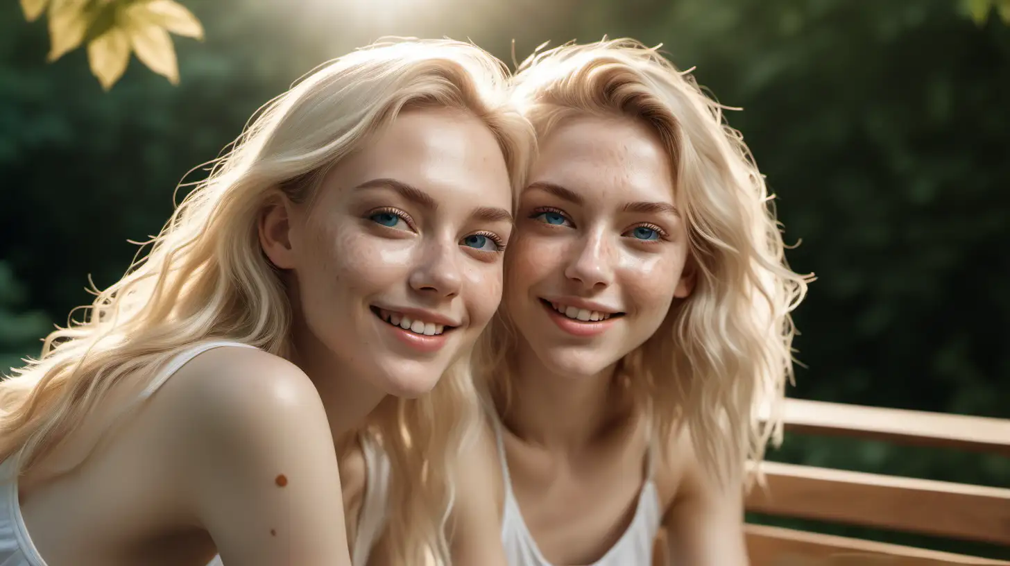 Generate a  ultra-realistic photograph of four cute skinny young white women smiling captured with a Sony α7 III camera, equipped with an 85mm lens full body head to toe relaxing on a wooden bench with their legs spread wide,  blond hair and freckles in early 20s with sharp features, in a sunlit park. radiant blue bedroom eyes, and a natural, well-lit setting. Emphasize high-definition details in skin texture and hair strands. -v 5.2  The park is adorned with lush greenery and blooming flowers, creating a serene atmosphere. sunlight gracefully illuminates the subject’s face and hair.  radiant blue bedroom eyes, and a natural, well-lit setting. Emphasize high-definition details in skin texture and hair strands. -v 5.2  , sunlight gracefully illuminates the subject’s face and hair. The image, shot in high resolution and a 16:9 aspect ratio, close up, –ar 16:9 –v 5.2 –style raw