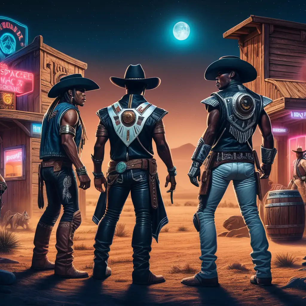 Create spaceage cyberpunk fantasy style image of 3 black indigenous cowboys, having a showdown with another gang , space age wild west town setting at night