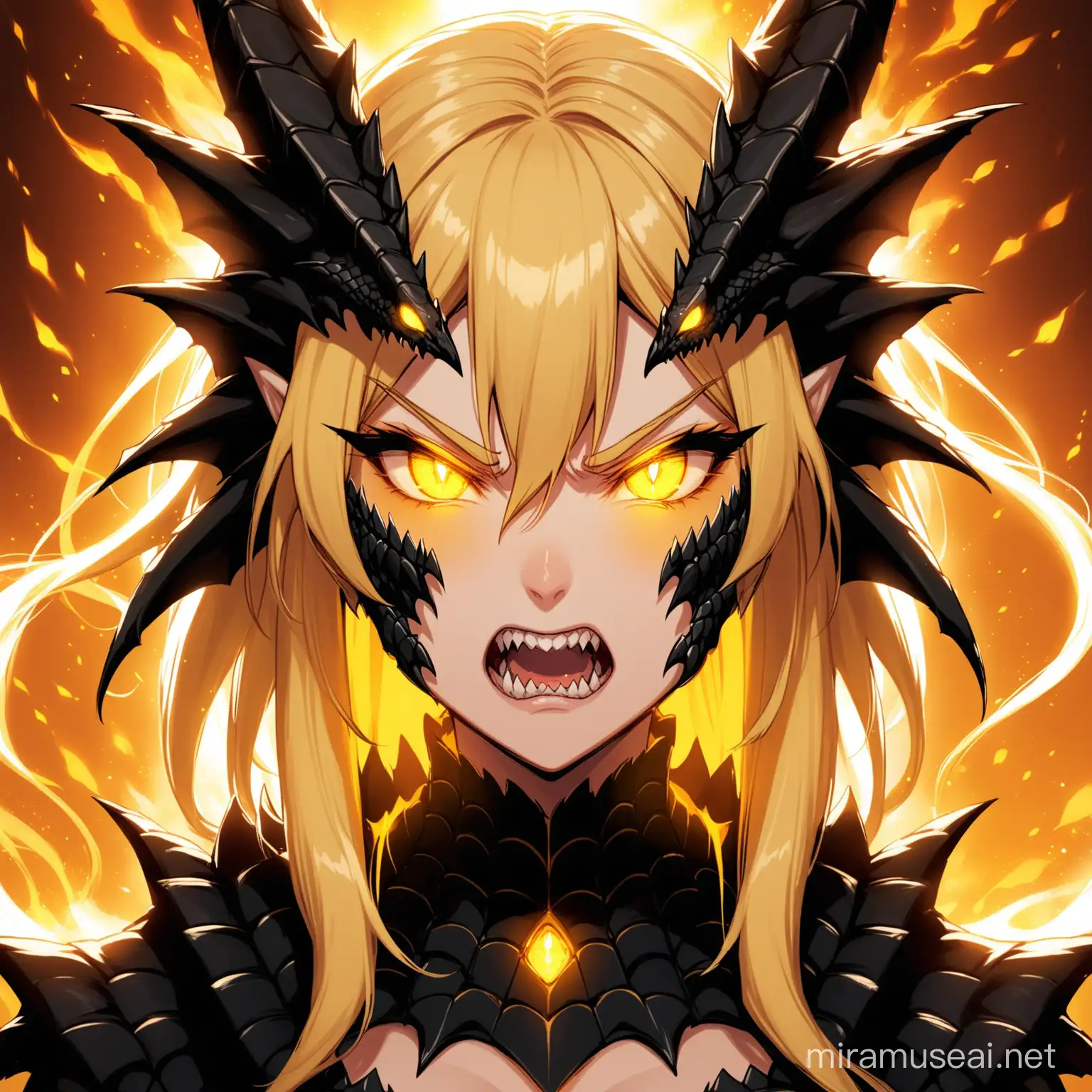 Mawshot of a dragon girl with black scales on her face blonde hair and glowing golden eyes. Her mouth is open and she's looking hungrily at the viewer