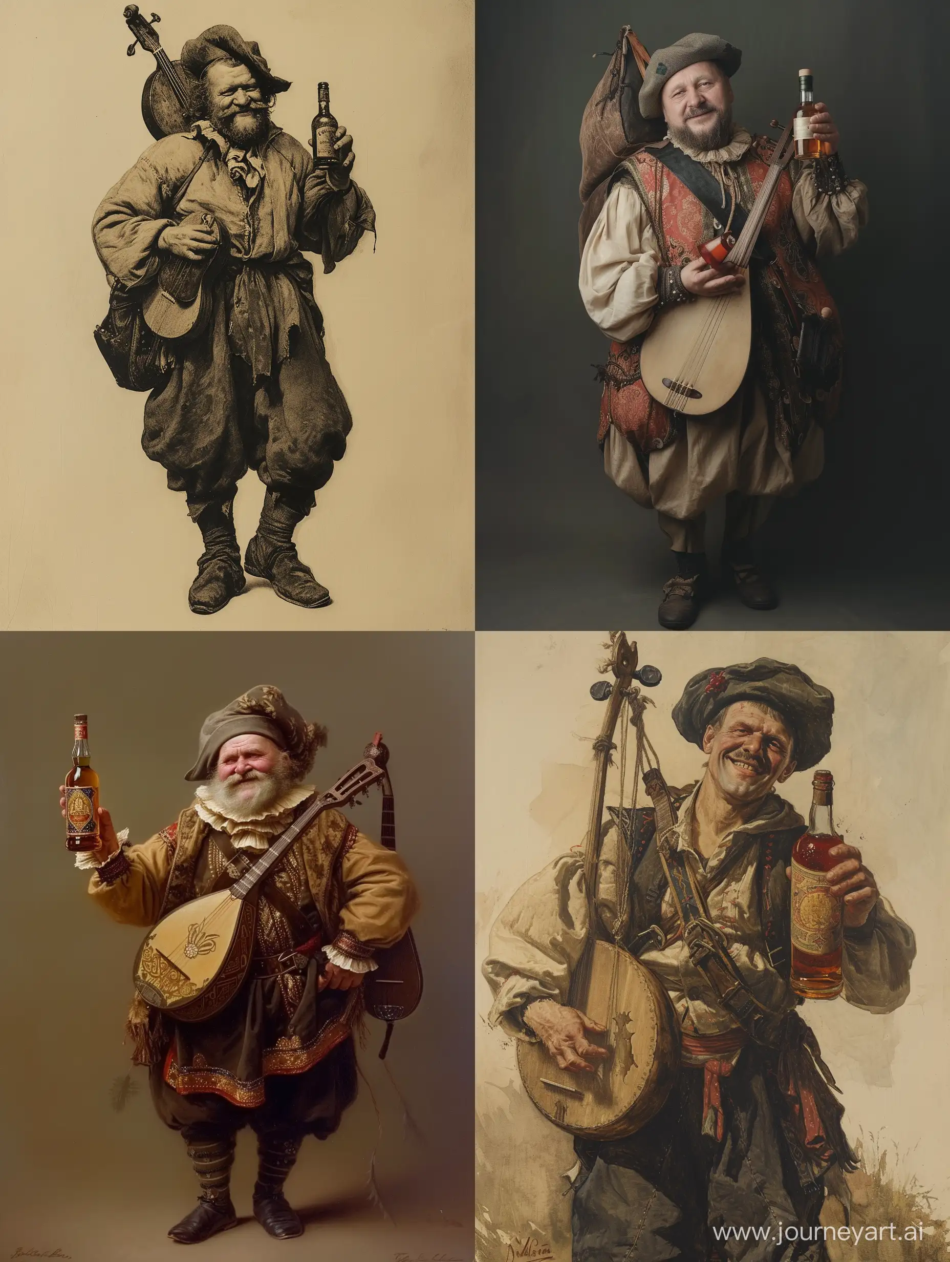 Generate a full-length image of a Slavic jester, a man, holding a bottle of rum in his hands, with a lute hanging behind his back, and wearing a cap on his head 
