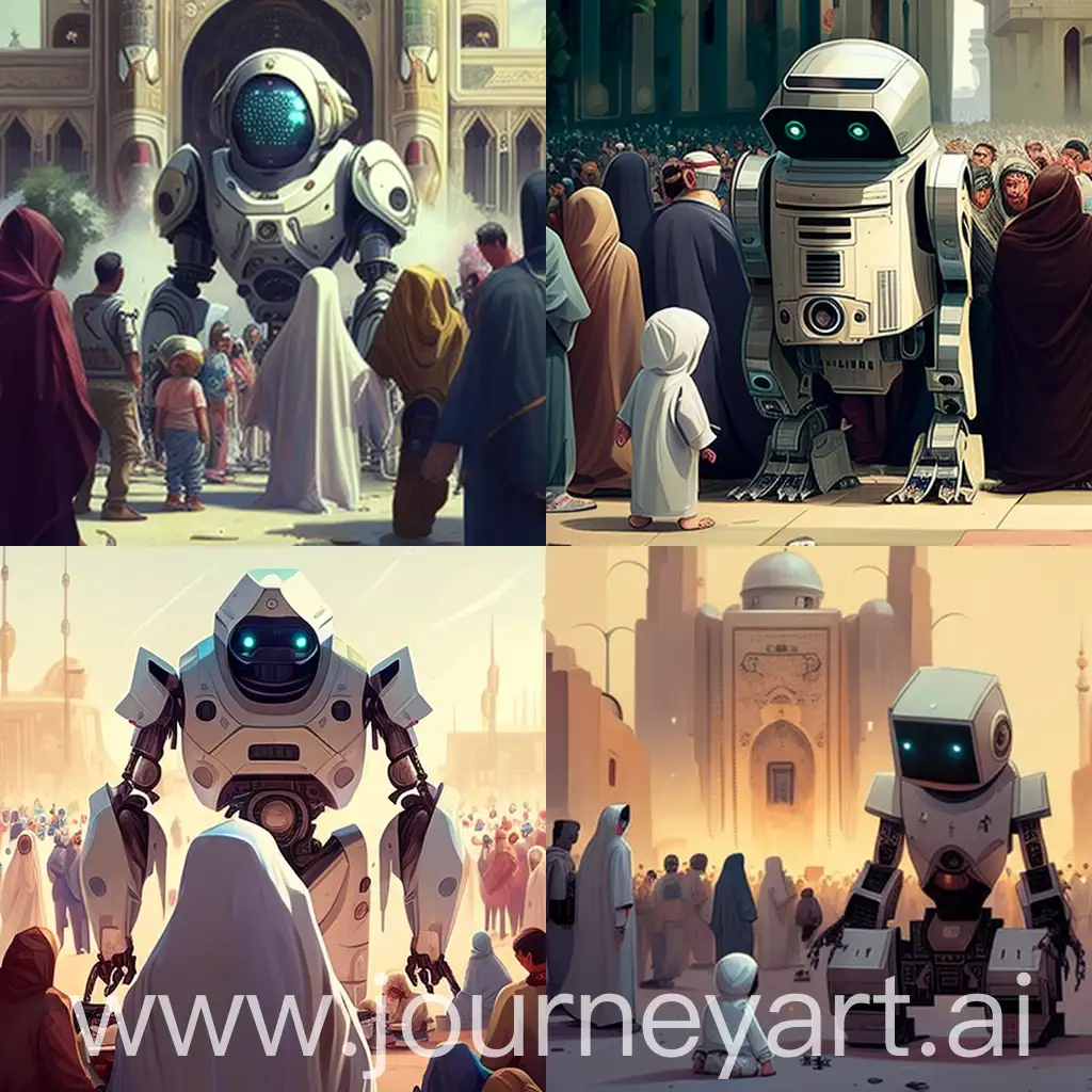 muslims and robots in eid al-fitr ceremony of ending of ramadan in year 3000