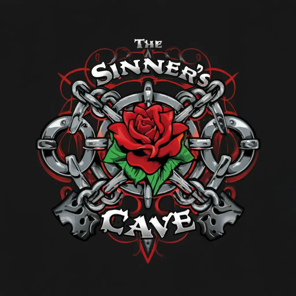 a logo design,with the text "The sinner's cave", main symbol:chains, roses with thorns, handcuffs, male chastity belt,Moderate,be used in Automotive industry,clear background