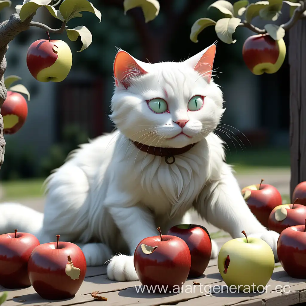 Белая кошка ворует яблоки