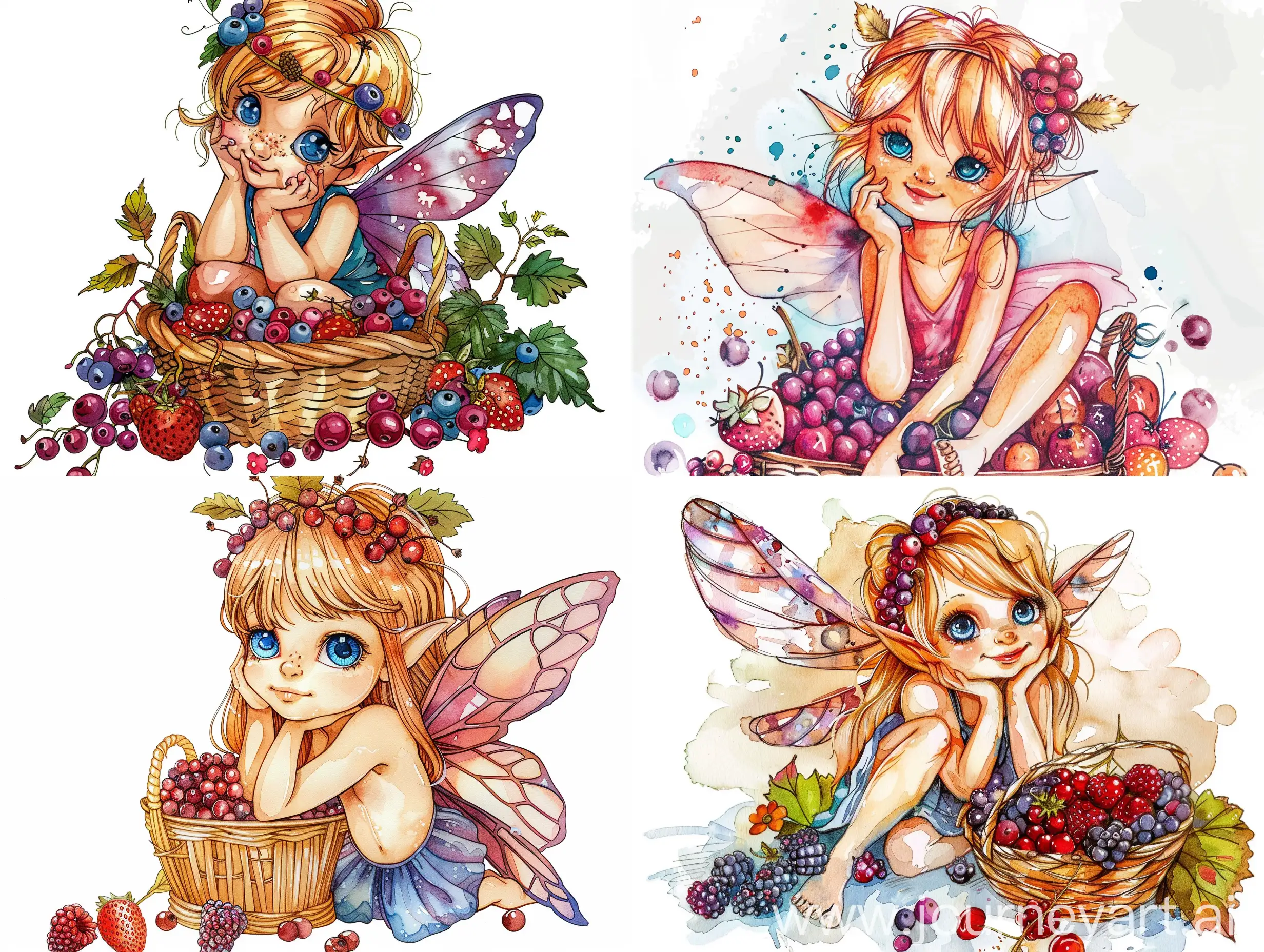 mix illustration alcohol ink, thin line and watercolor, a little fairy with burn sienna blonde hair and blue eyes berries fruits headband, one hand holds the chin sitting on a basket full of berries fruits, adorable cute cartoon with big eyes, isolated on white background