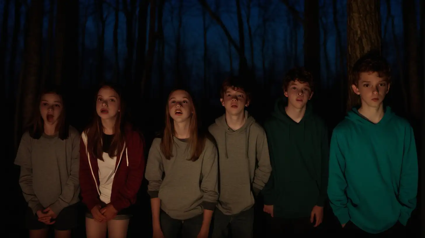6  teenages, 3 boys and 3 girls in the woods,
at night