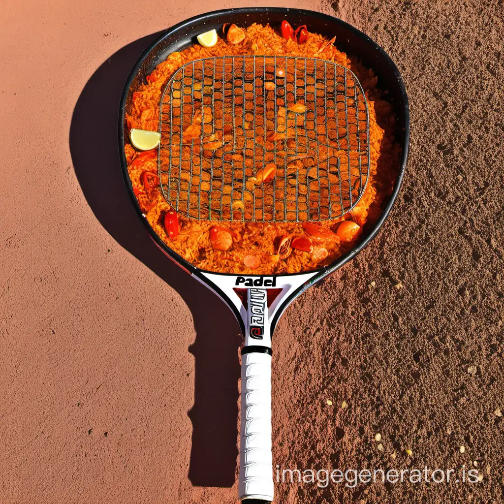 a padel racket planted in a paella