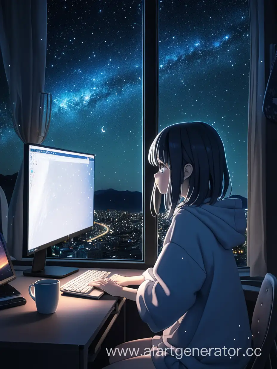 Anime style, anime girl looking at computer, outside the window is night and stars . 4k image
