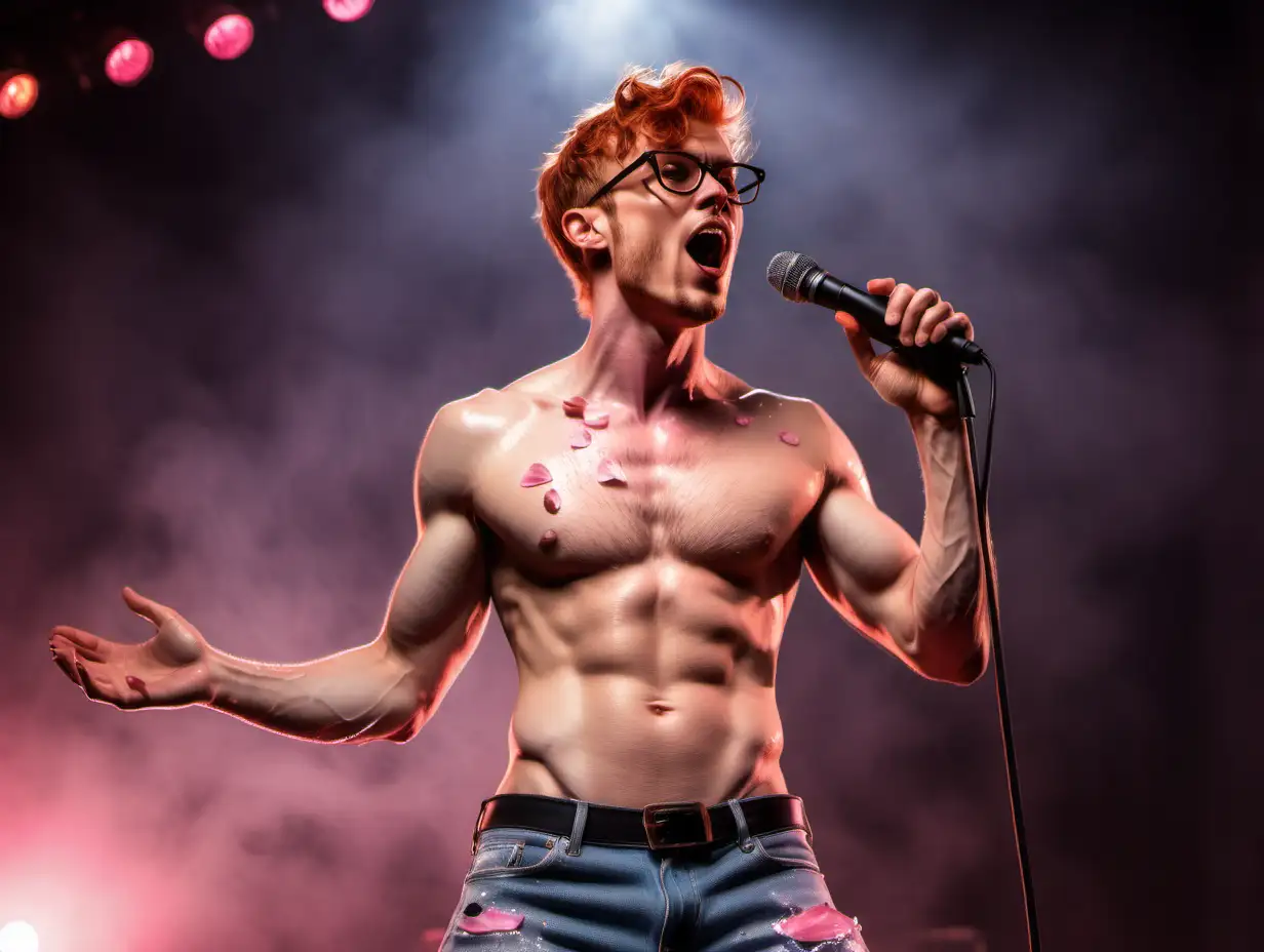 Handsome redhead rockstar singing careless whisper on stage short hair stubbles glasses shirtless tanned muscular show hairy chest show abs show legs full body shot very sweaty very wet oiled up torn jeans rose petals falling mic stand pink spotlights 