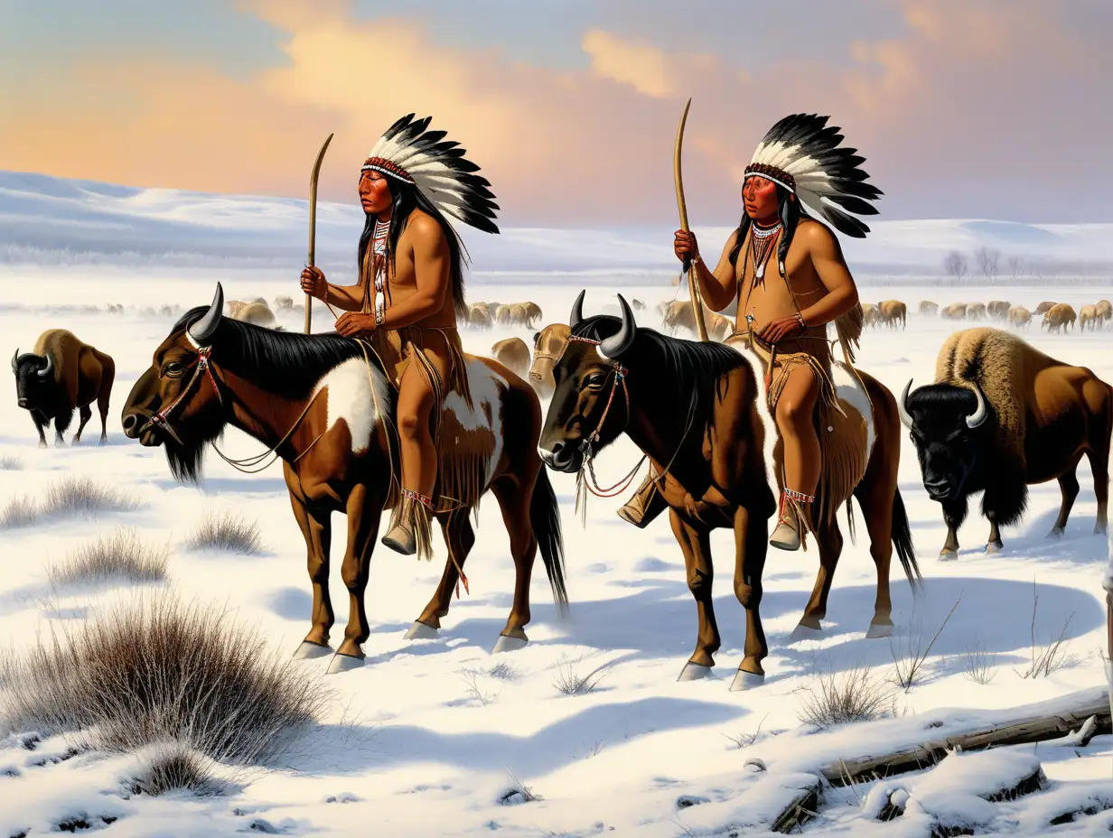 native americans on horseback in the winter hunting buffalo 