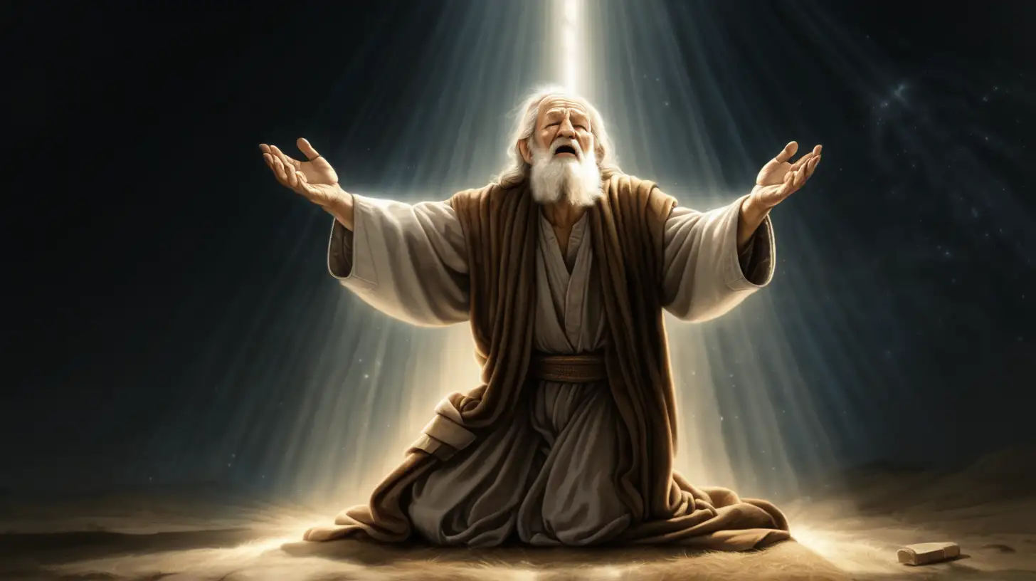 Abraham An old man from Bible times kneeling down with hands open with light from the heavens shining upon him