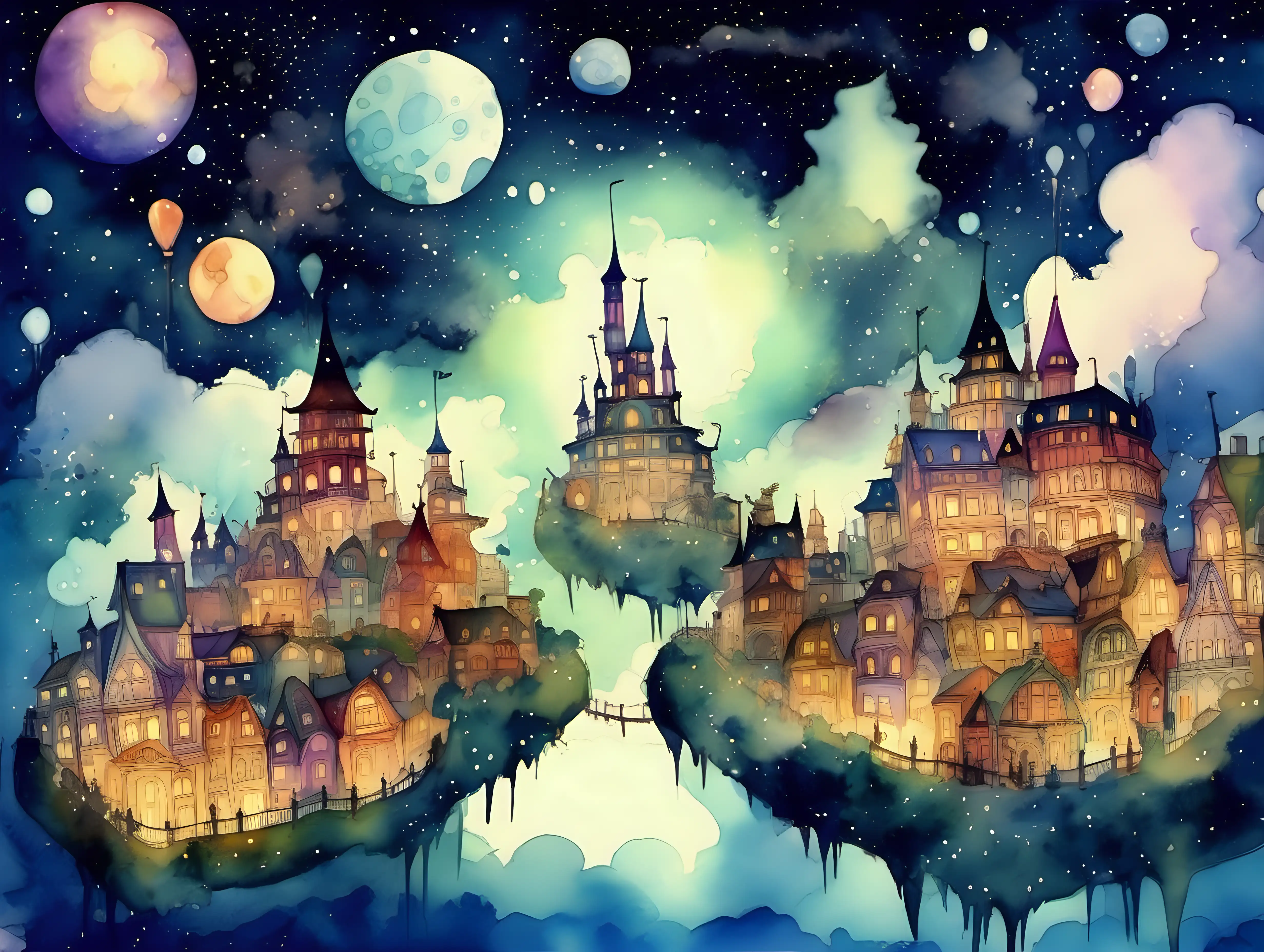 Dreamland itself should be a fantastical, whimsical city, filled with elements like floating islands, starry skies, colorful meadows, and whimsical architecture like cloud castles. The environment should feel magical, safe, and inviting, sparking a sense of wonder and endless possibility. night time, watercolor style
