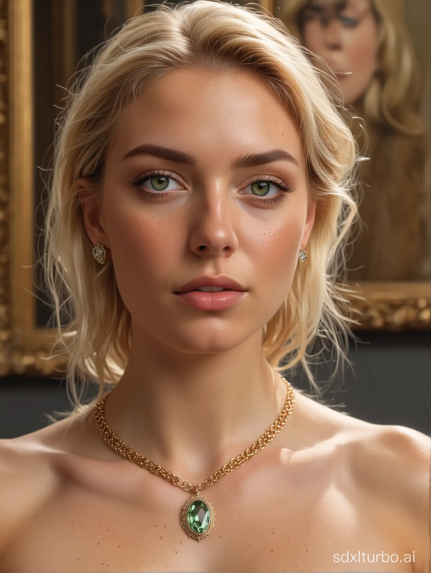 elegant woman in art gallery, blonde, portrait, nude, green eyes, 4k, ultra detailed, masterpiece, necklace, luxurious, skin texture, freckles
