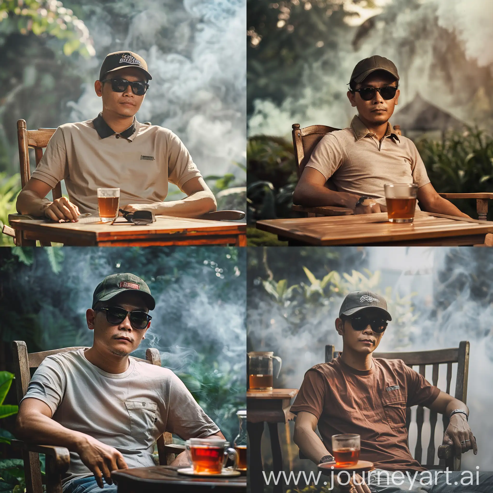 An Indonesian man, 35 years old, with a handsome clean face, wearing a baseball cap, black sunglasses, a Carvil collar t-shirt, sitting on a wooden chair with a glass of tea on the table, with a background of a tea garden and misty smoke, realistically HD. 