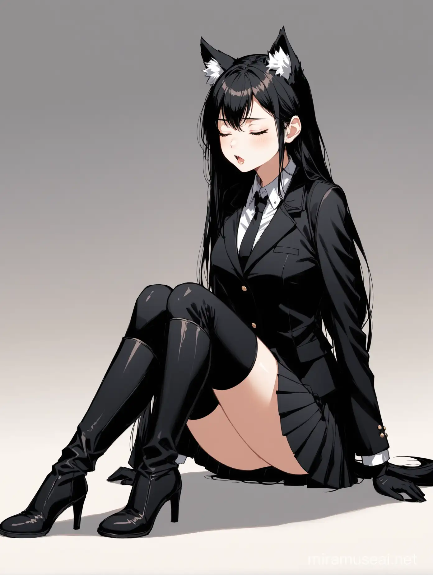 full body view, side profile, tall girl, wolf girl, wolf ears, white ear tufts, eyes closed, long hair, black hair, short black suit coat, short black pleated skirt, black gloves, long sleeves, black tall thigh boots, neutral expression, kneeling down on floor, legs together, head tilted up, mouth open