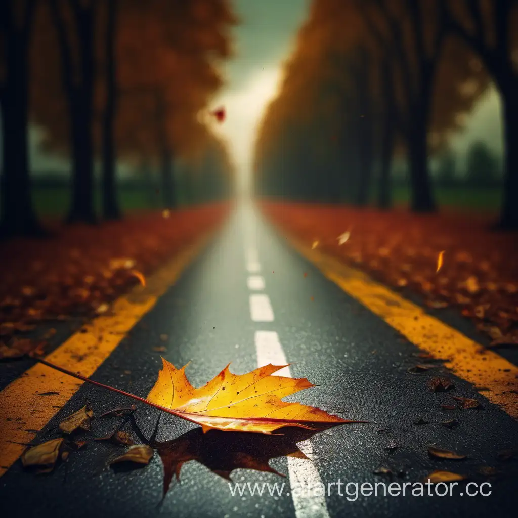 The first autumn leaf falls on the road while thunder rumbles and lightning strikes