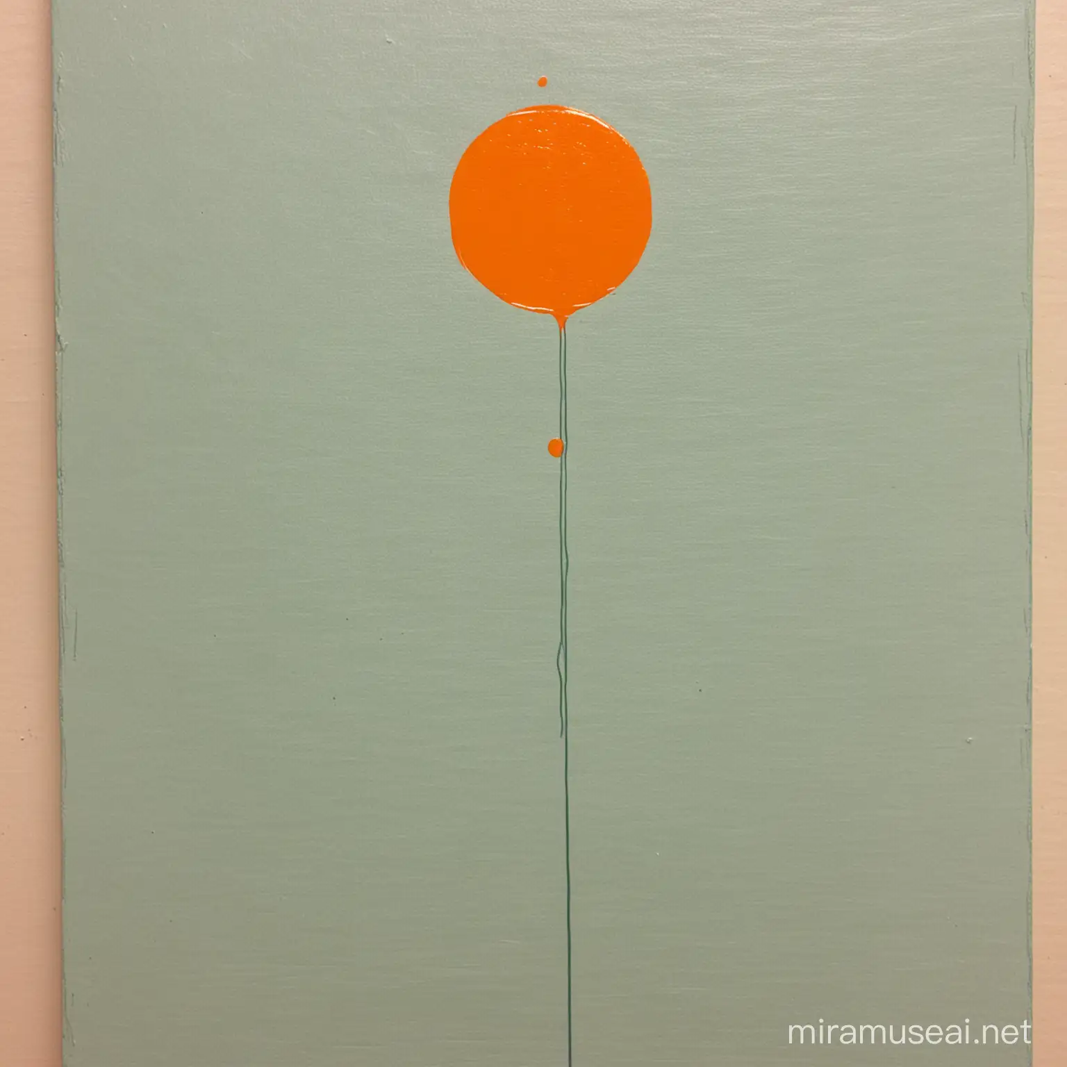 just a paint brush's line . vertical and in pastel Greene . only one vertical  line maybe a second one, on a canvas. with one orange circle drop. no shiny look please
