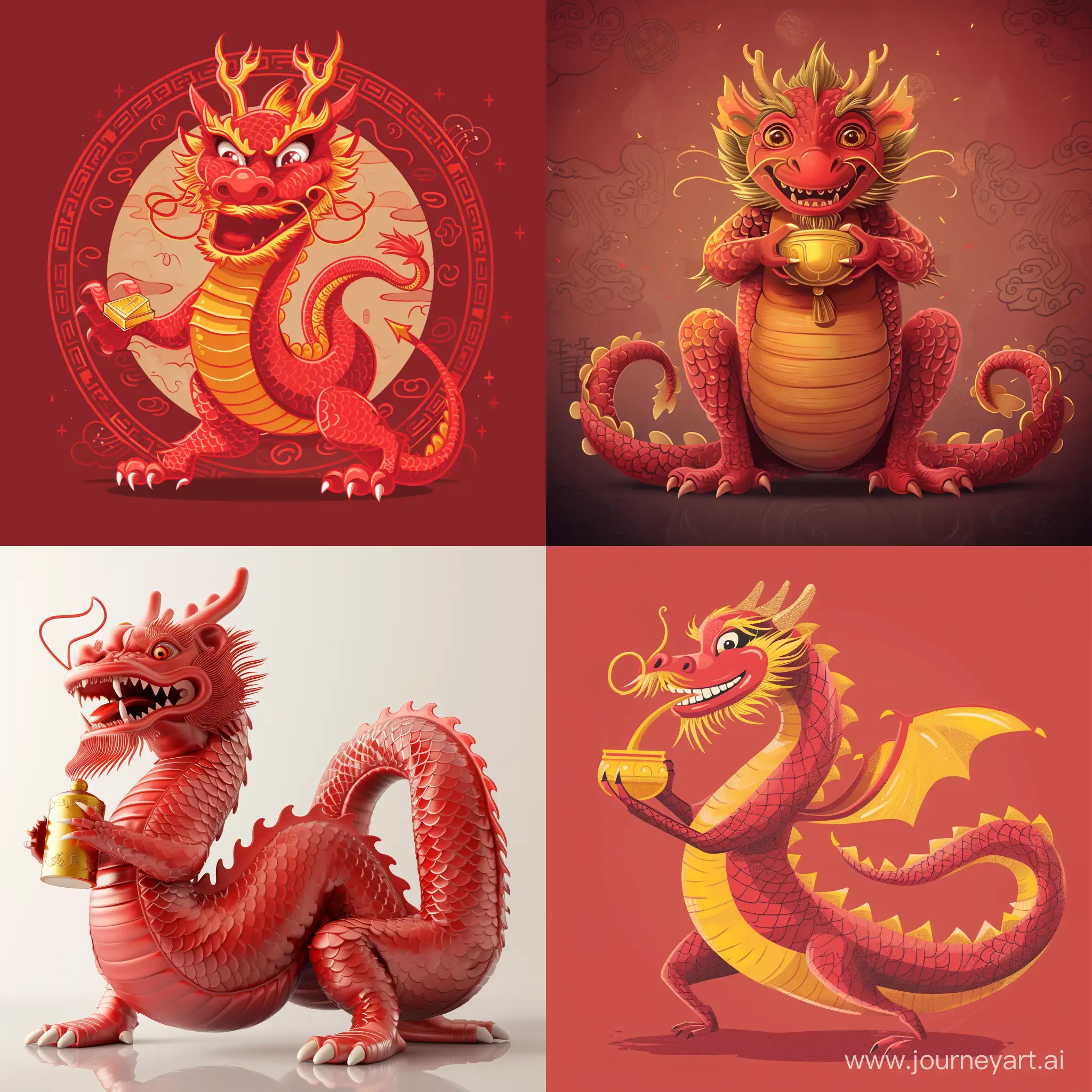 prosperous chinese dragon, benign looking, red colour scheme, holding golden ingot