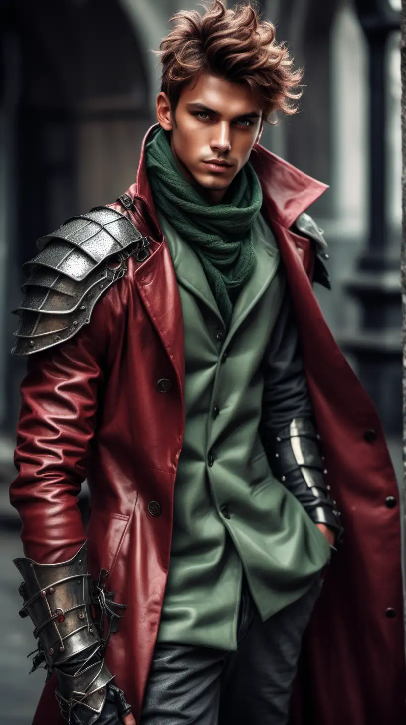 Fantasy style young handsome boy,  tanned skin, green eyes, red long wavy hairy a messy bun, wearing gray armored leather long coat