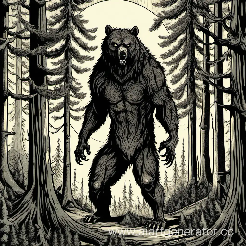Человек медведь оборотень стоит в хвойном лесу 