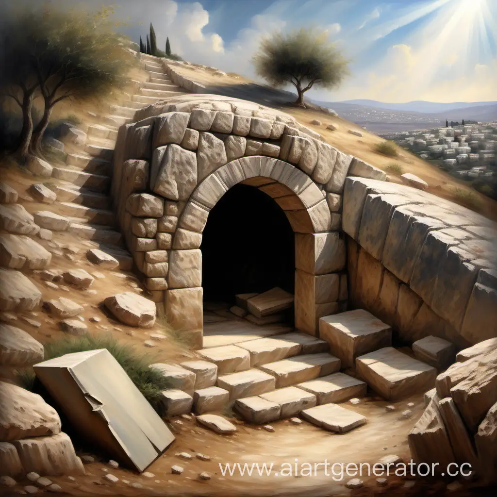 The biblical story. A modest empty tomb of A modest empty tomb of Jesus Christ hollowed out in the mountain of Palestine with a narrow entrance, next to the entrance a fallen stone that blocked the entrance to the tomb, A clear picture in the style of oil painting.
