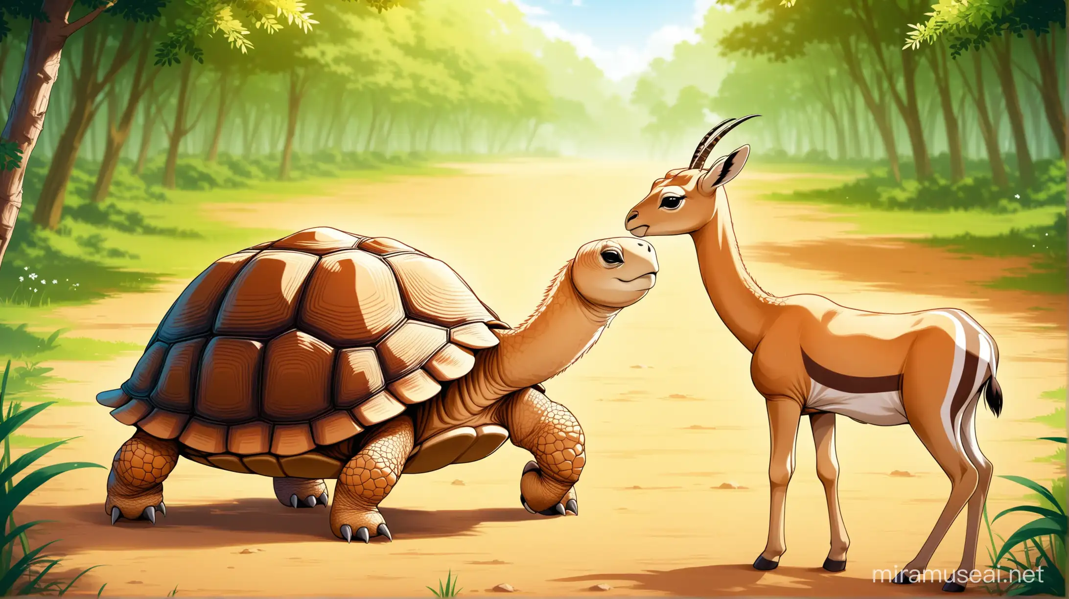 wise tortoise speaking to a gazelle in nature

