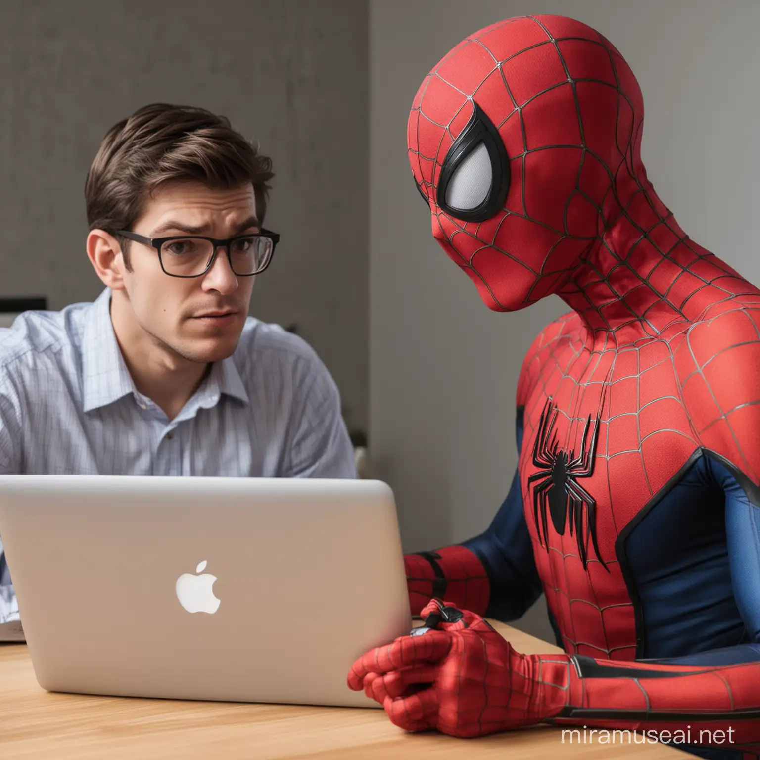 spiderman that is also a frontend engineer explaining to a backend engineer who is a normal human that his API is bad on his macbook pro
