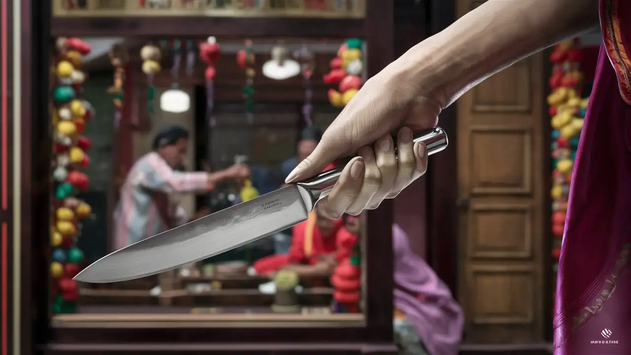 HyperDetailed CloseUp of Womans Hand Holding Knife with Indian Paan Shop in Background